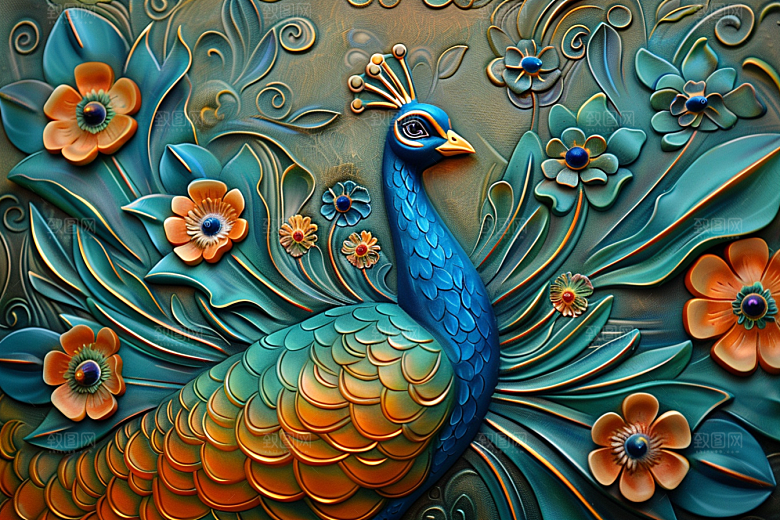 浮雕孔雀油画凹凸素材