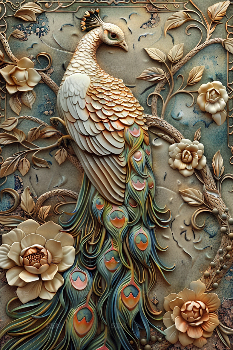 浮雕孔雀3D肌理素材