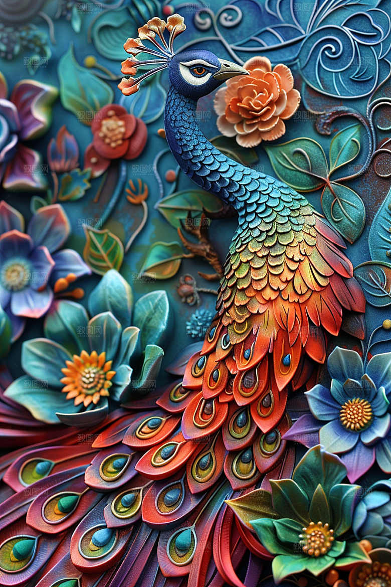 浮雕孔雀3D彩色素材