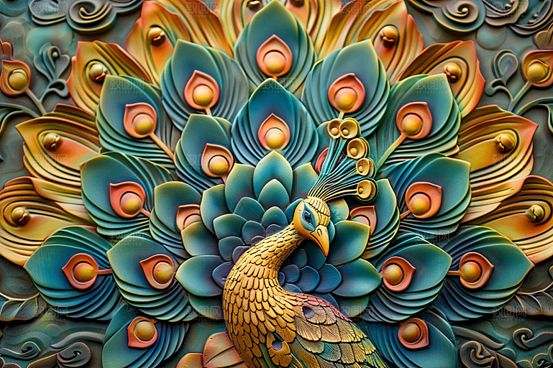 浮雕孔雀油画绚丽素材