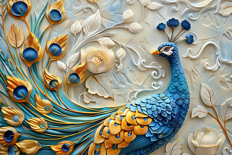 浮雕孔雀油画质感素材