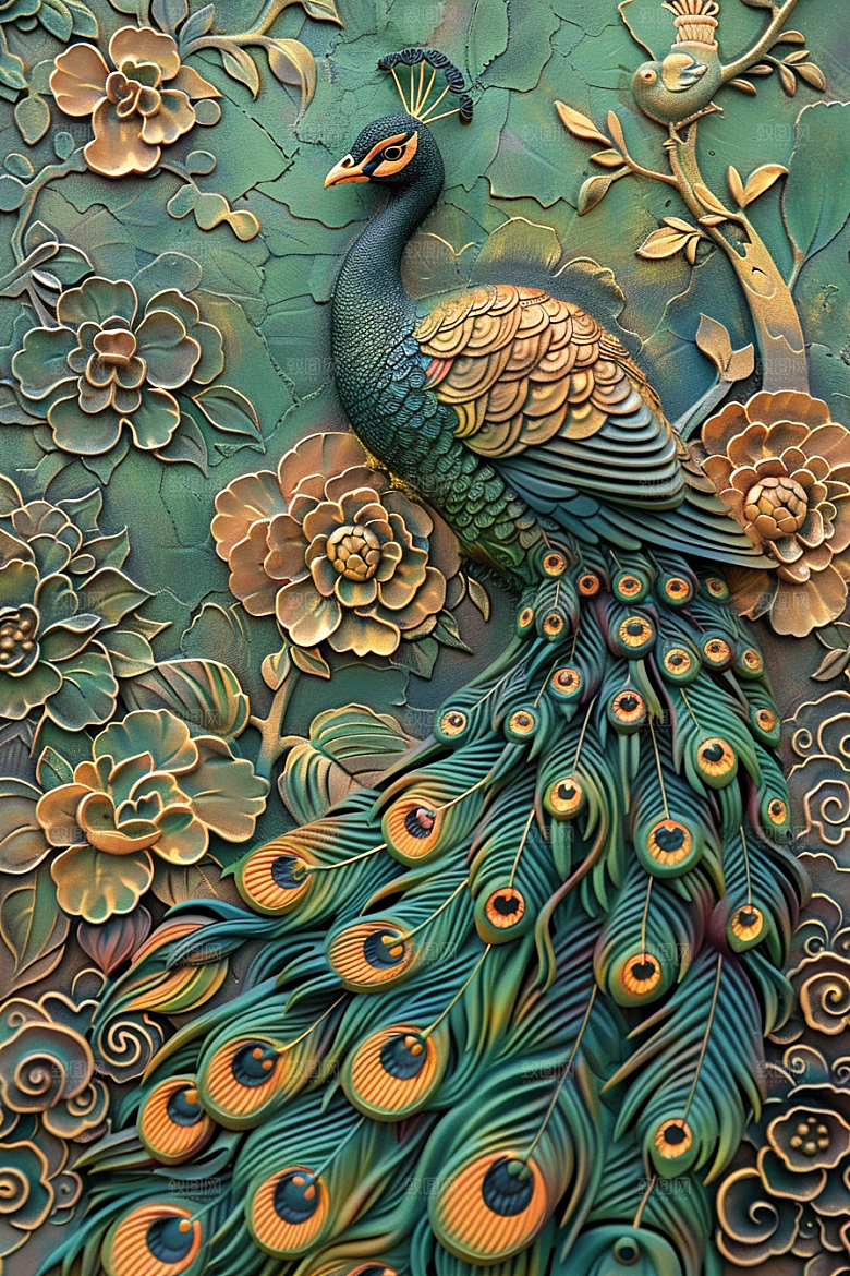 浮雕孔雀彩色凹凸素材