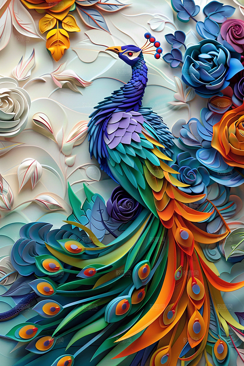 浮雕孔雀绚丽纹理素材