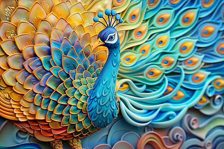 浮雕孔雀彩色油画素材