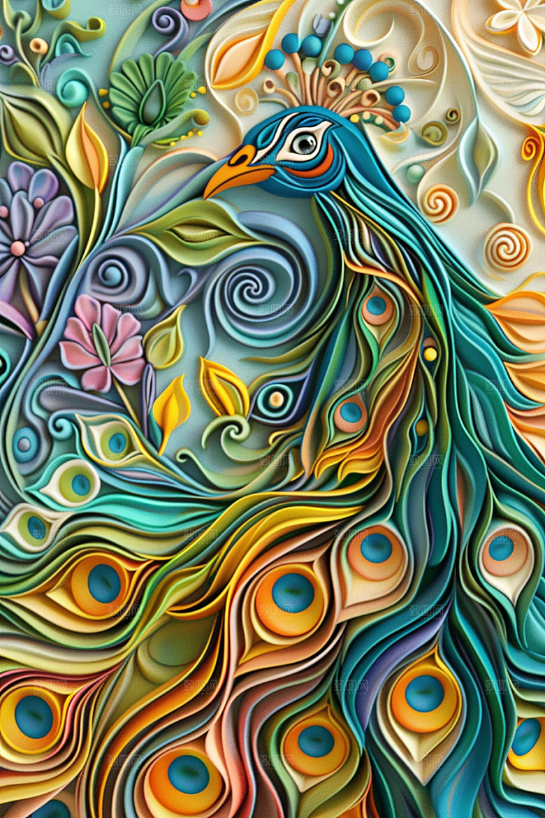 浮雕孔雀唯美油画素材