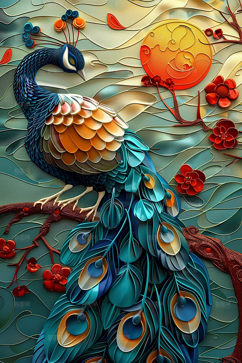 浮雕孔雀油画绚丽素材