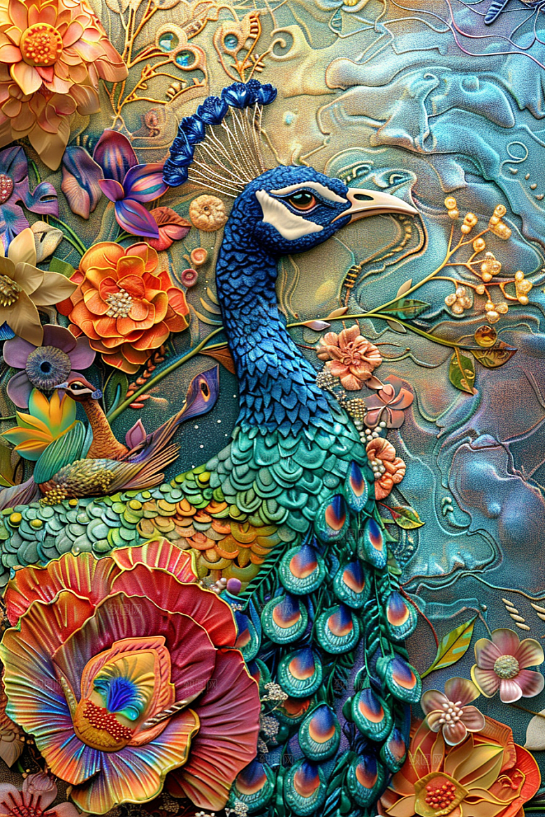 浮雕孔雀3D唯美素材