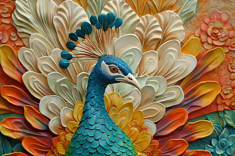 浮雕孔雀纹理油画素材