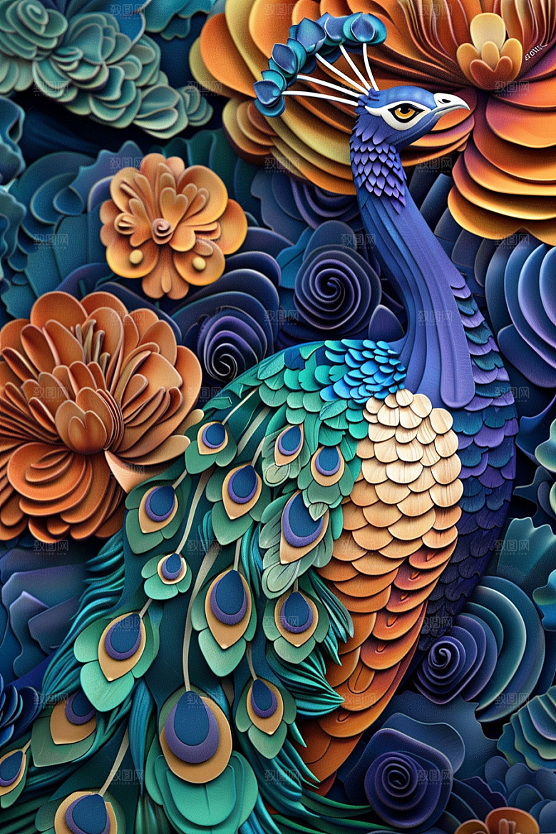 浮雕孔雀墙面装饰3D素材
