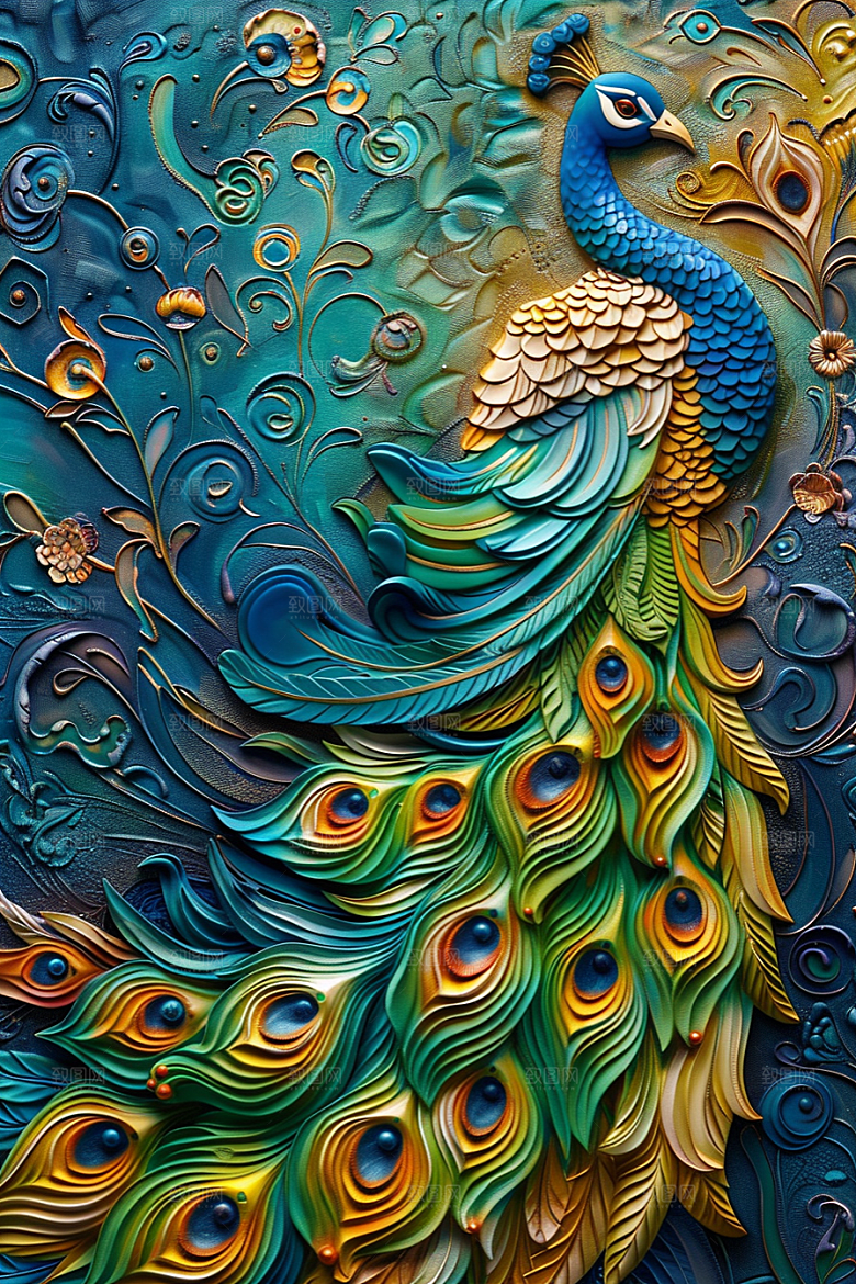 浮雕孔雀彩色质感素材
