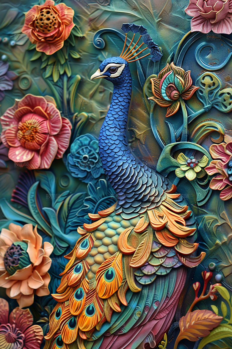 浮雕孔雀肌理油画素材