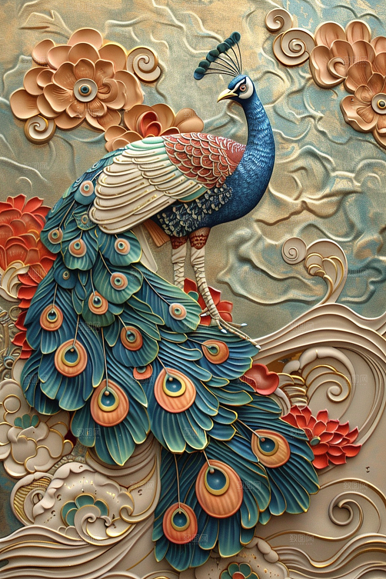 浮雕孔雀油画立体素材