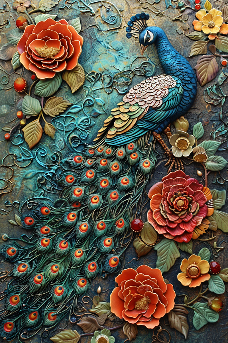 浮雕孔雀肌理油画素材