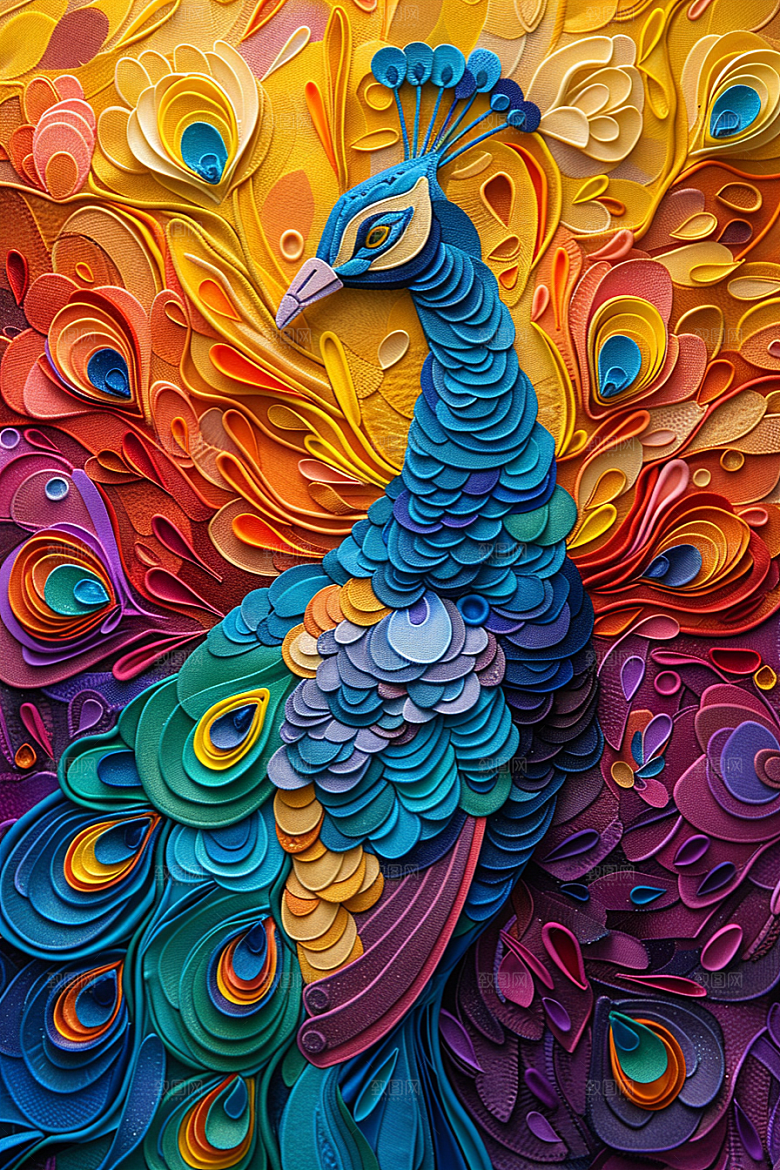 浮雕孔雀立体国潮风素材