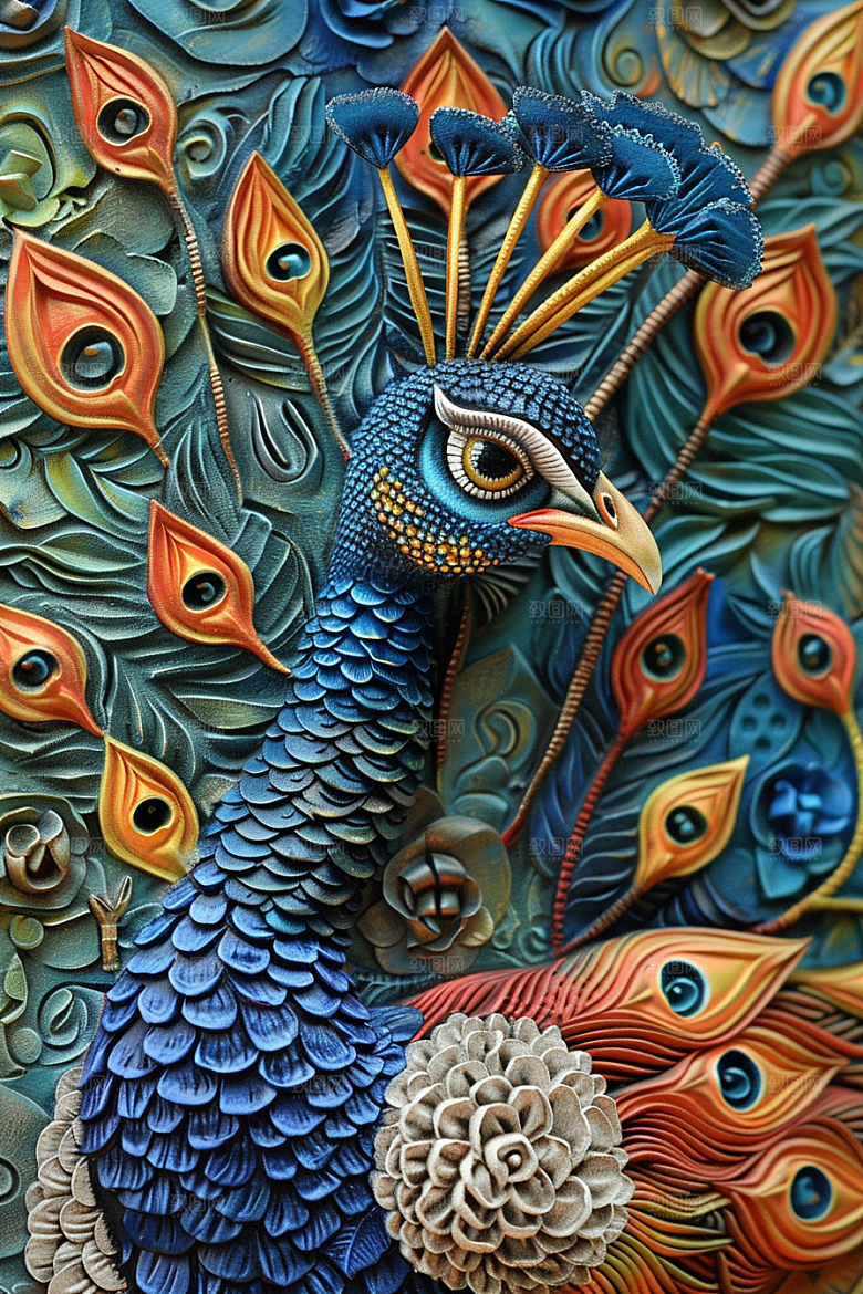 浮雕孔雀油画绚丽素材