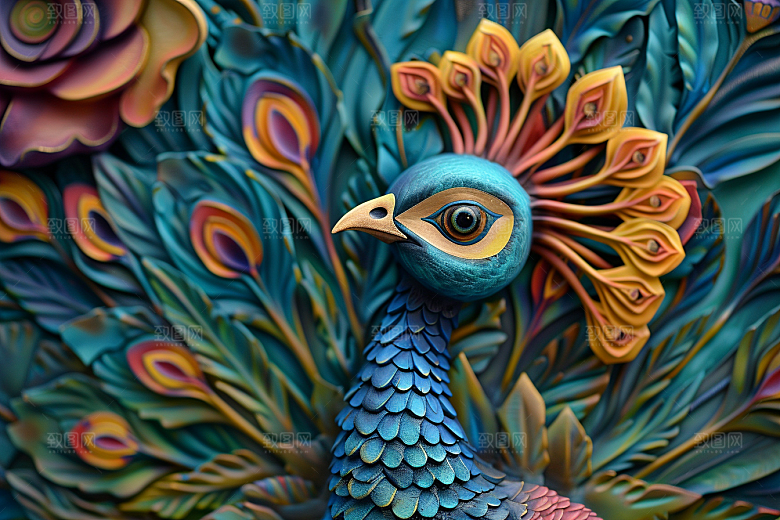 浮雕孔雀油画绚丽素材