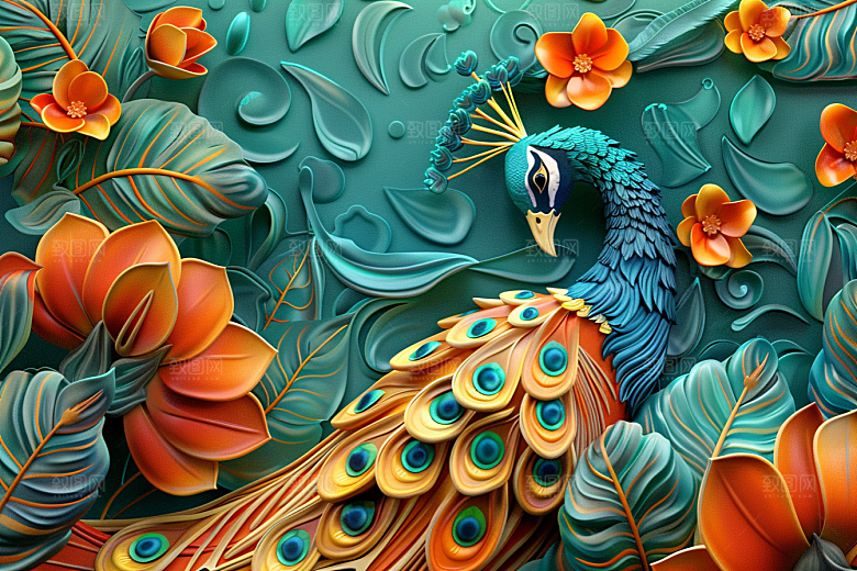 浮雕孔雀凹凸油画素材