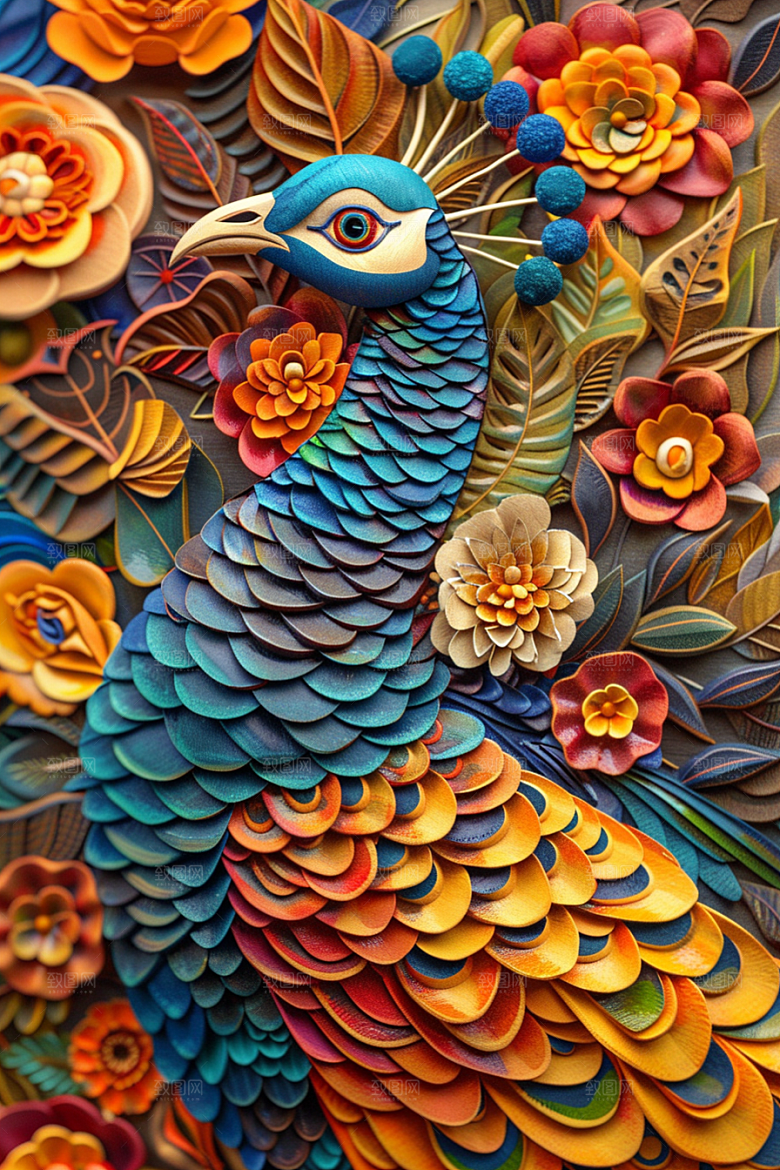 浮雕孔雀肌理高清素材