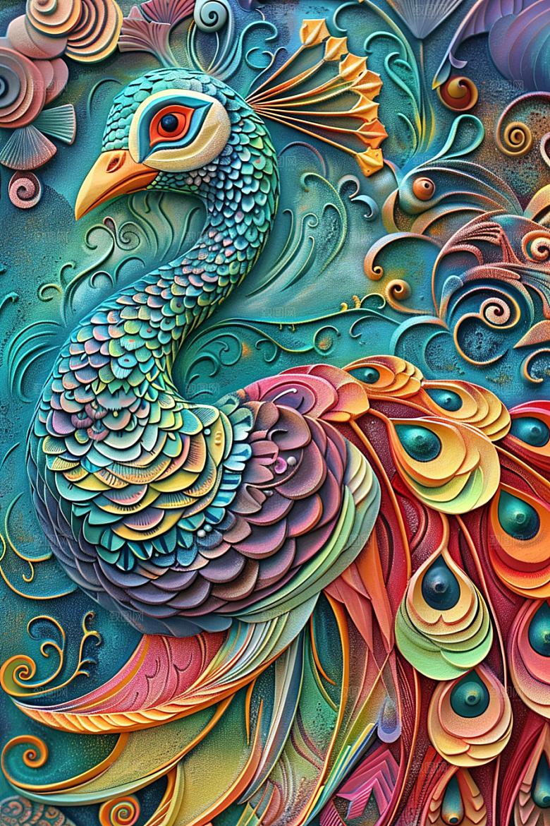 浮雕孔雀油画唯美素材