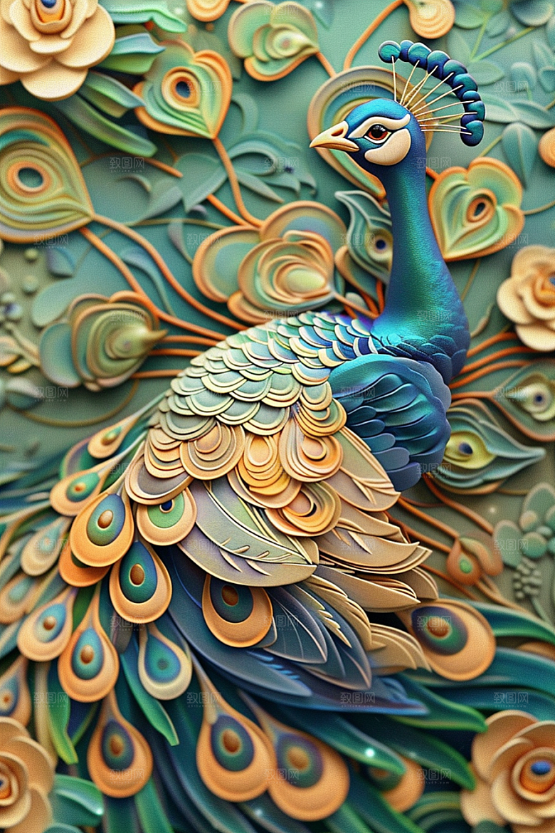 浮雕孔雀绚丽唯美素材