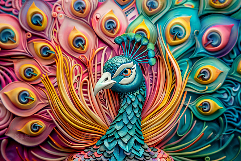 浮雕孔雀油画高清素材