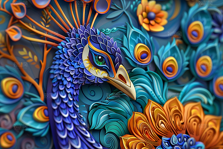浮雕孔雀绚丽3D素材