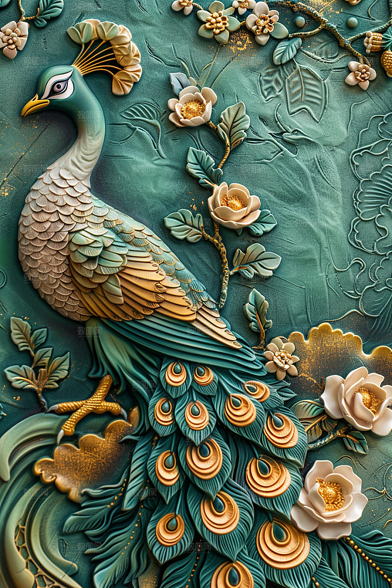 浮雕孔雀唯美油画素材