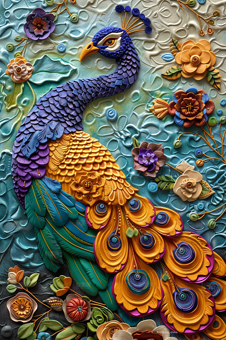 浮雕孔雀油画绚丽素材