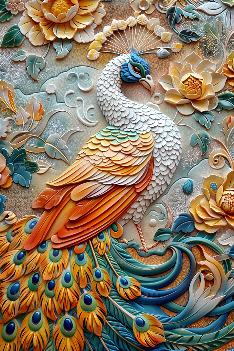 浮雕孔雀3D油画素材