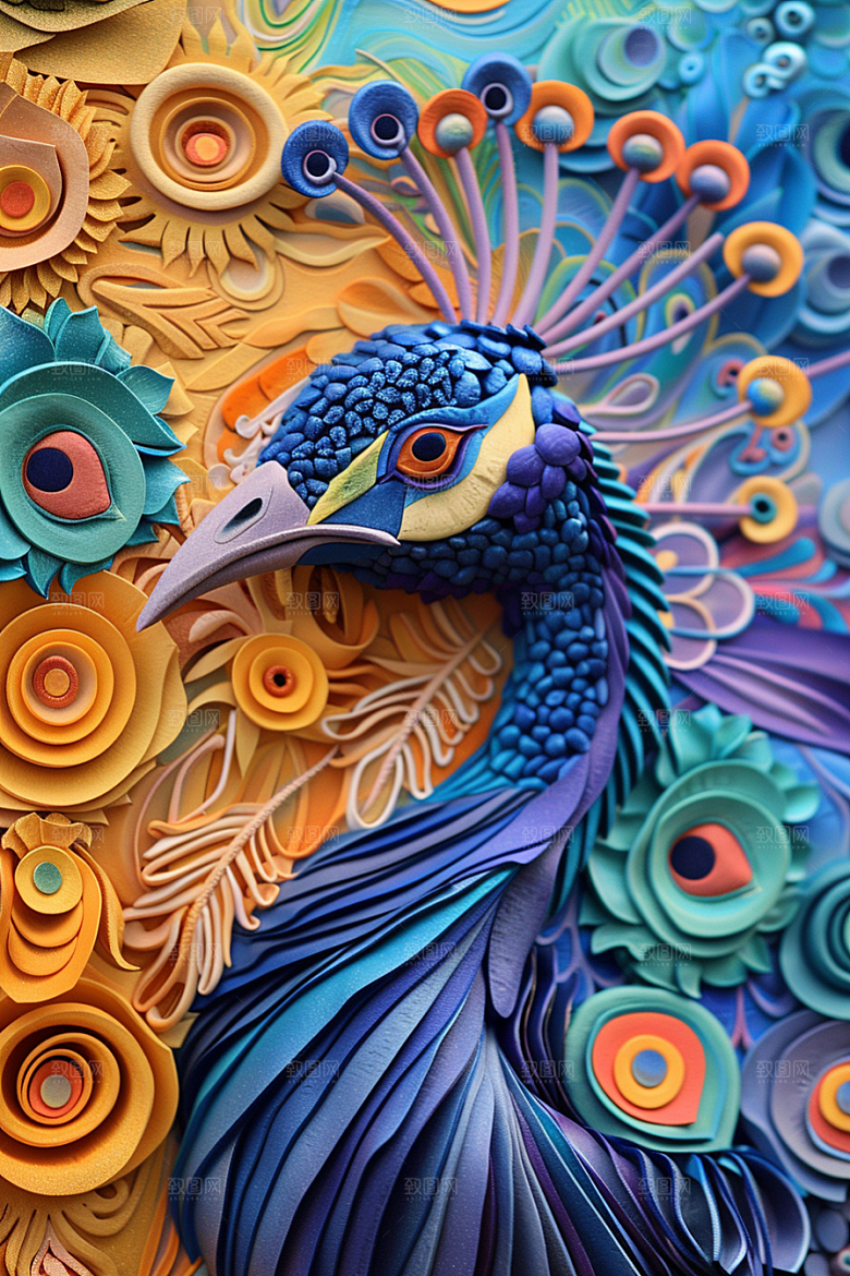 浮雕孔雀高清油画素材