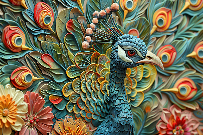浮雕孔雀质感彩色素材