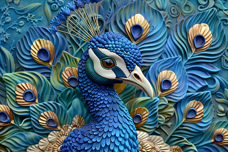浮雕孔雀立体彩色素材
