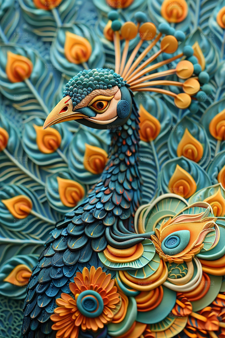 浮雕孔雀3D油画素材