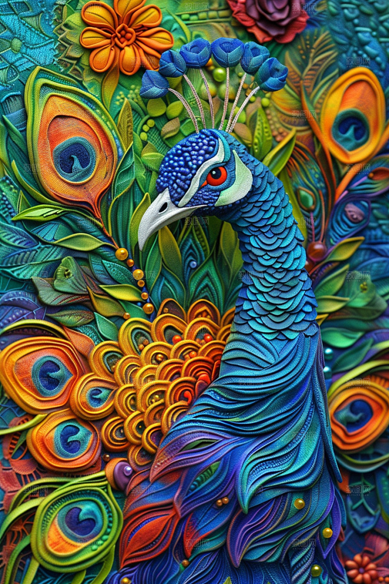浮雕孔雀彩色3D素材