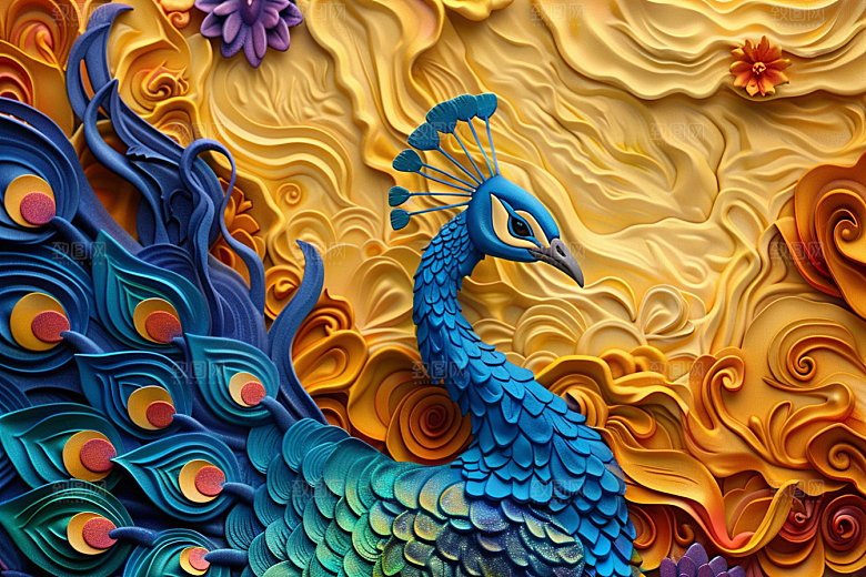 浮雕孔雀油画3D素材