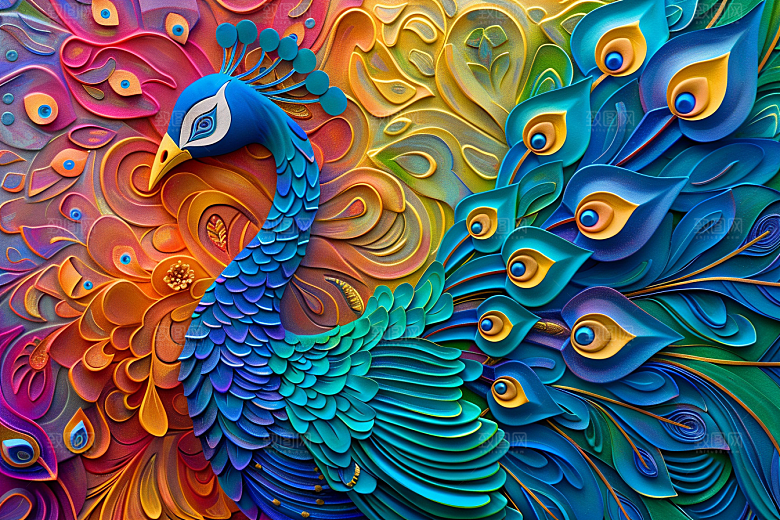 浮雕孔雀油画彩色素材