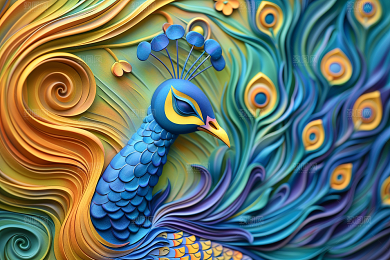 浮雕孔雀唯美油画素材