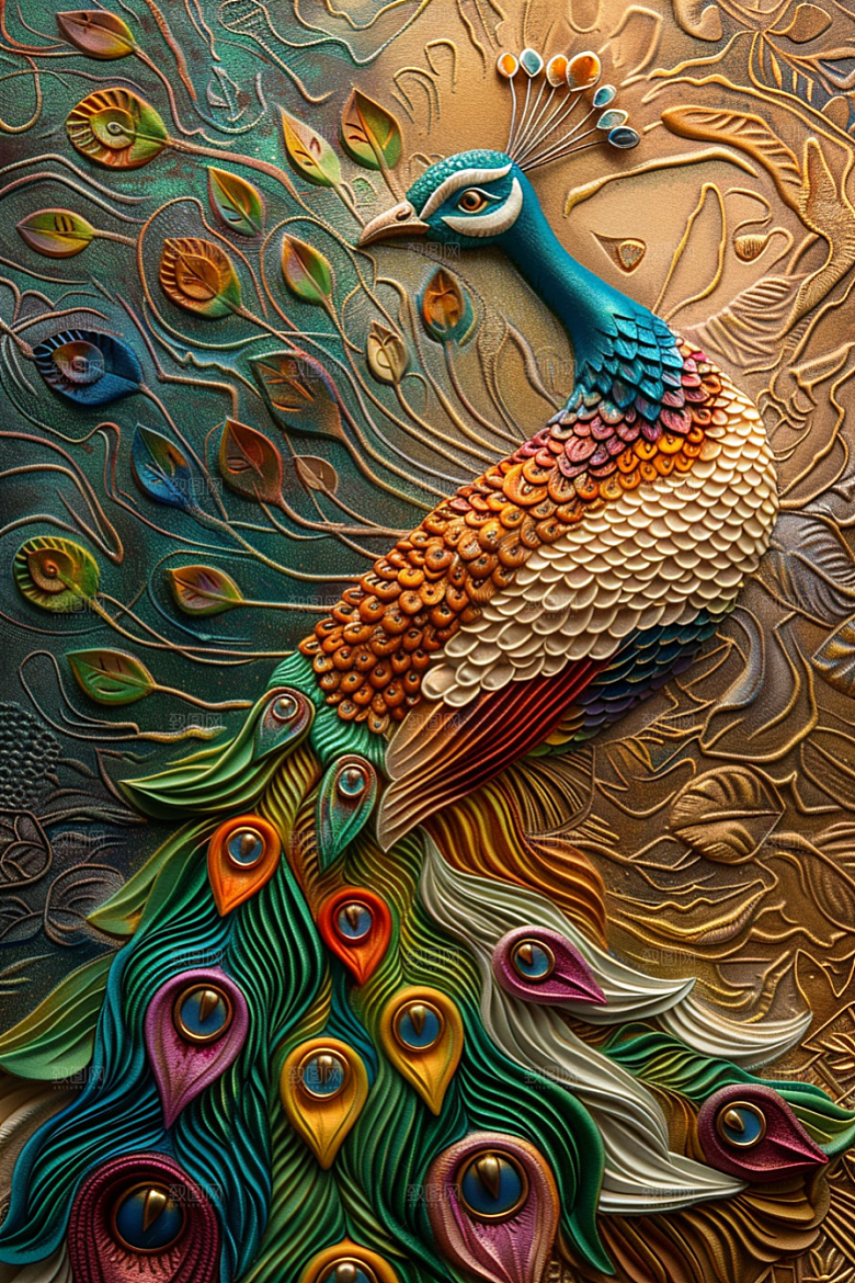 浮雕孔雀高清油画素材