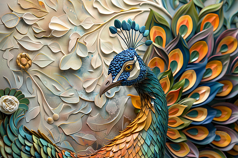 浮雕孔雀高清油画素材