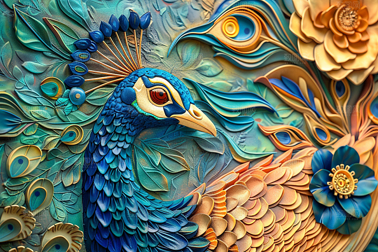 浮雕孔雀彩色绚丽素材