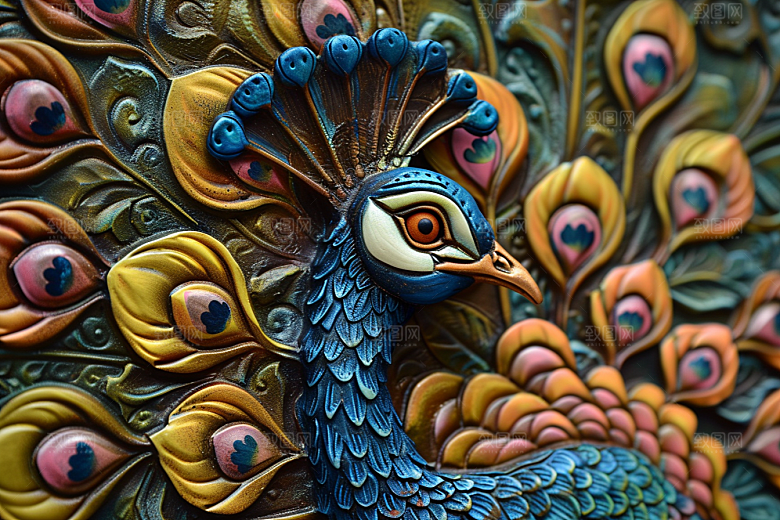 浮雕孔雀绚丽油画素材