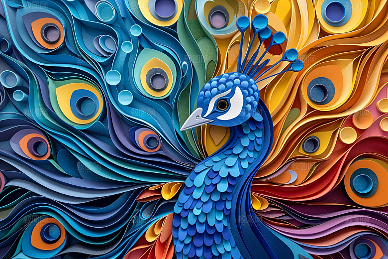 浮雕孔雀彩色油画素材