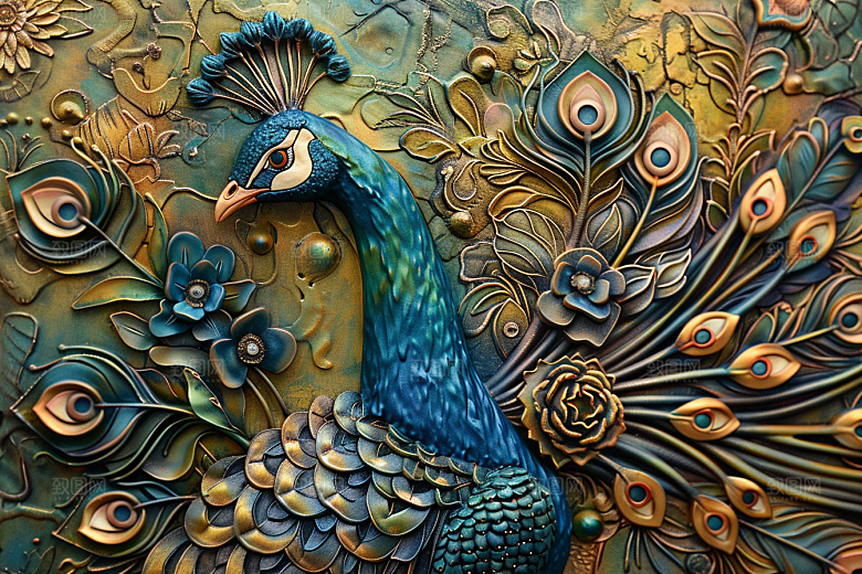 浮雕孔雀油画绚丽素材