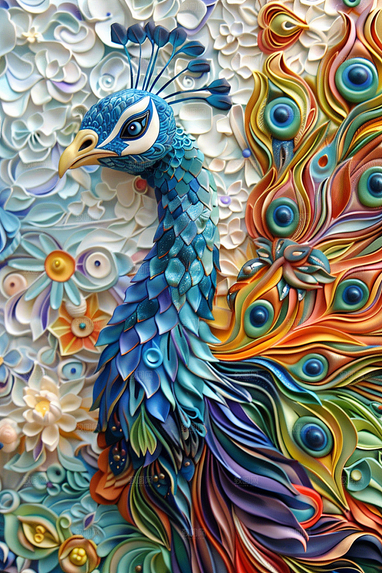 浮雕孔雀精致油画素材
