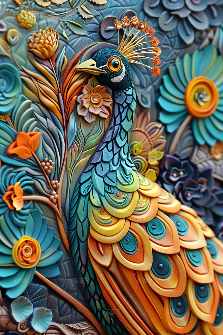 浮雕孔雀雕刻油画素材