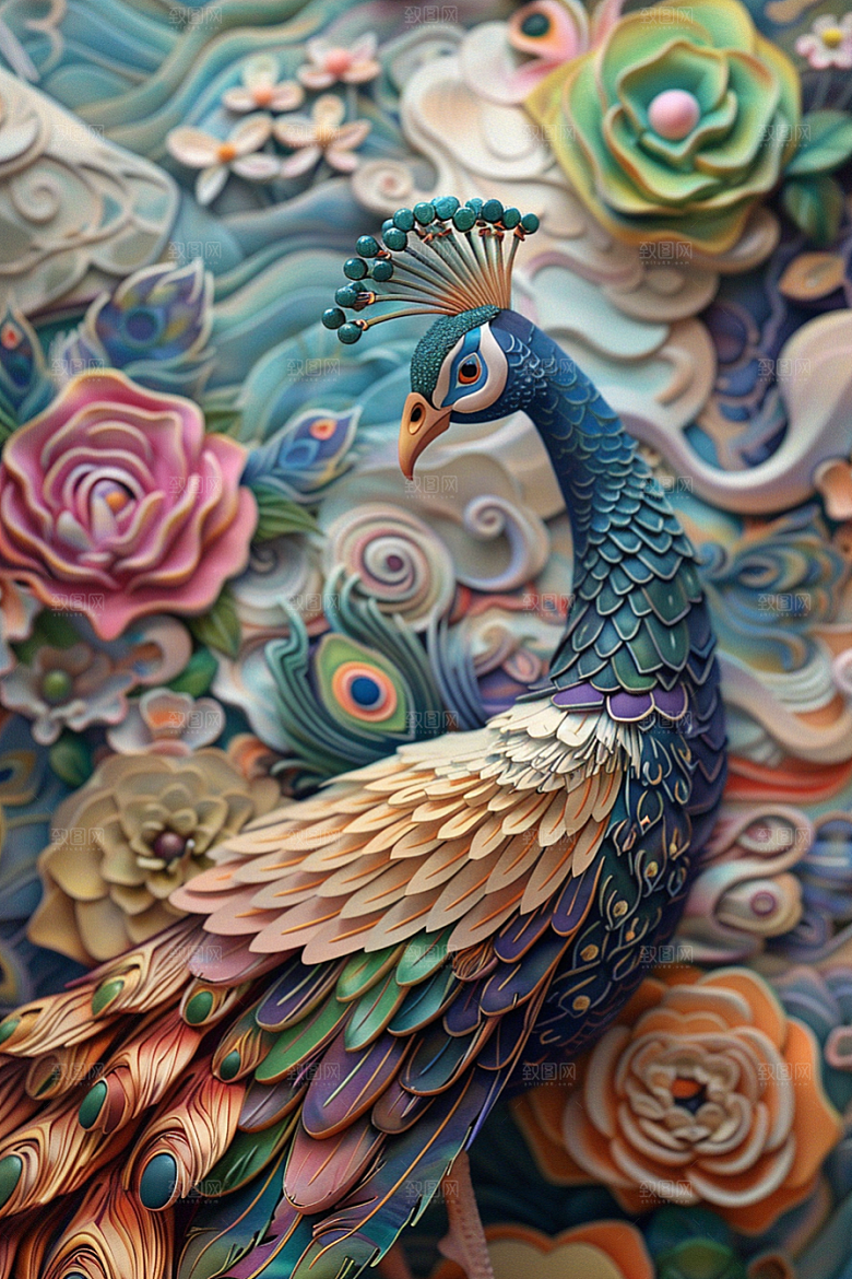 浮雕孔雀唯美立体素材