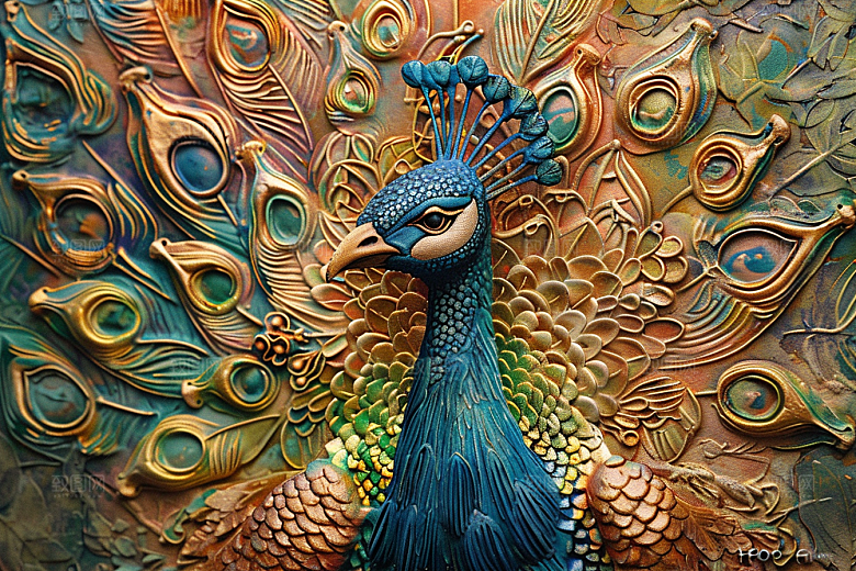浮雕孔雀彩色3D素材