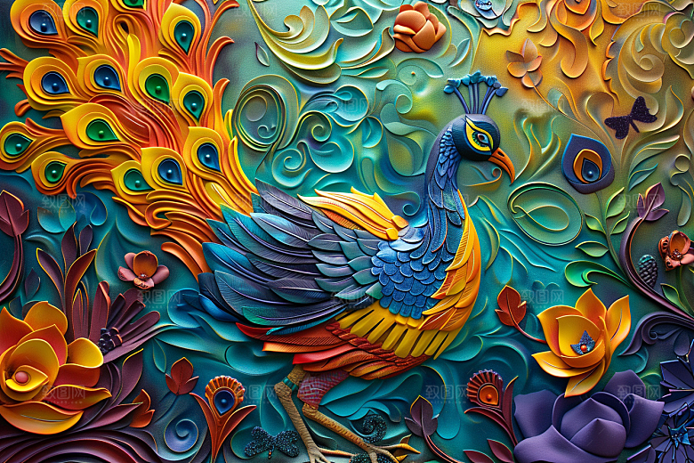 浮雕孔雀肌理彩色素材