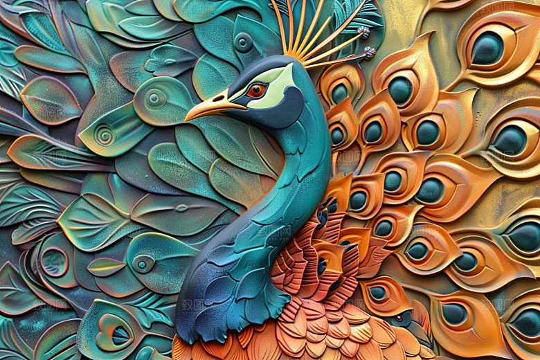 浮雕孔雀凹凸油画素材