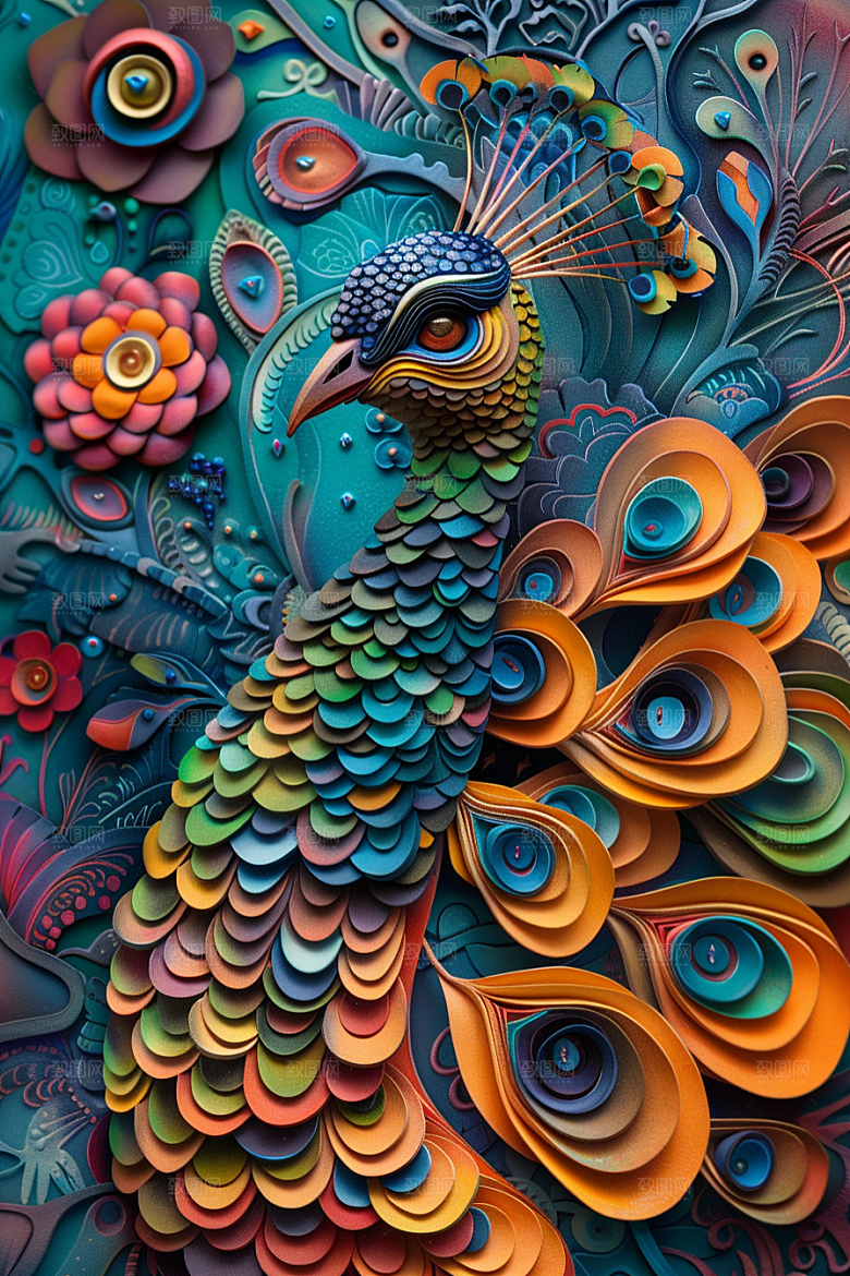 浮雕孔雀精致油画素材
